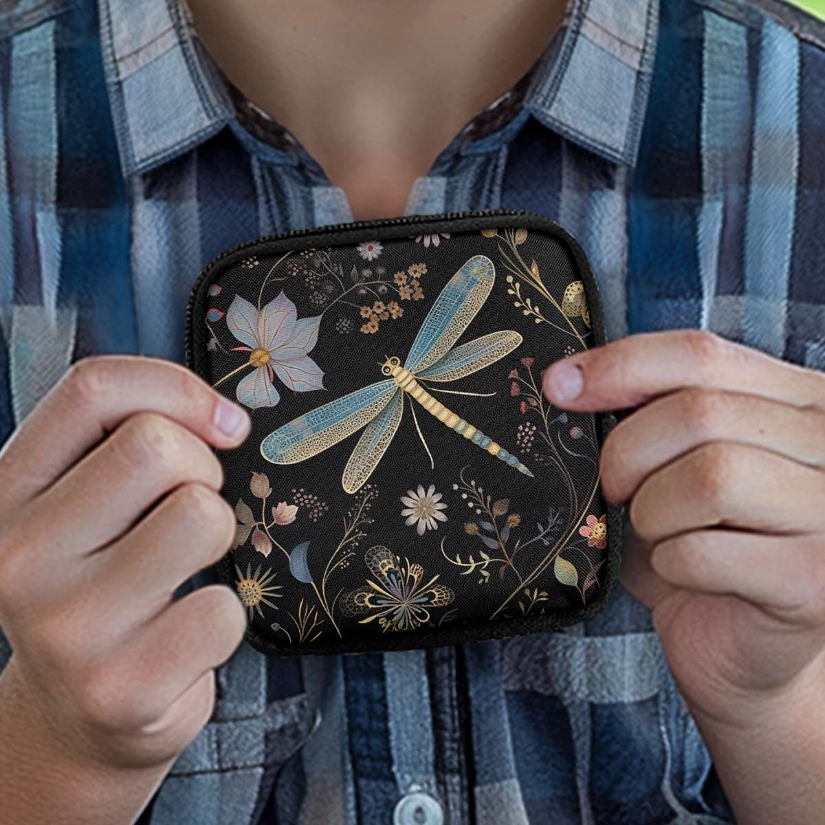 Multi-Pocket Zippered Wallet Coin Purse Chic Floral Dragonfly Print Hanging Purse With Key