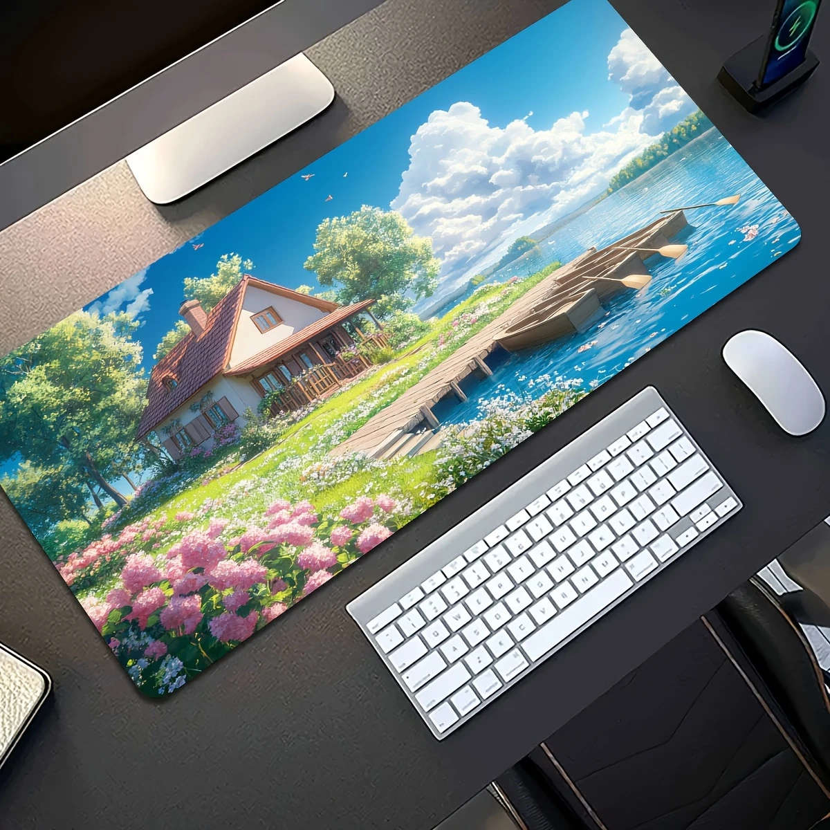 30x80cm Pastoral Lake Cottage Scenery Mouse Pad Rubber Non-Slip Washable Mouse Pad