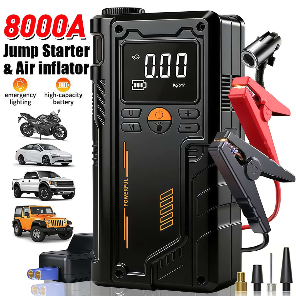 Heavy Duty 9 in 1 Emergency Car Jump Starter and Tyre Inflator