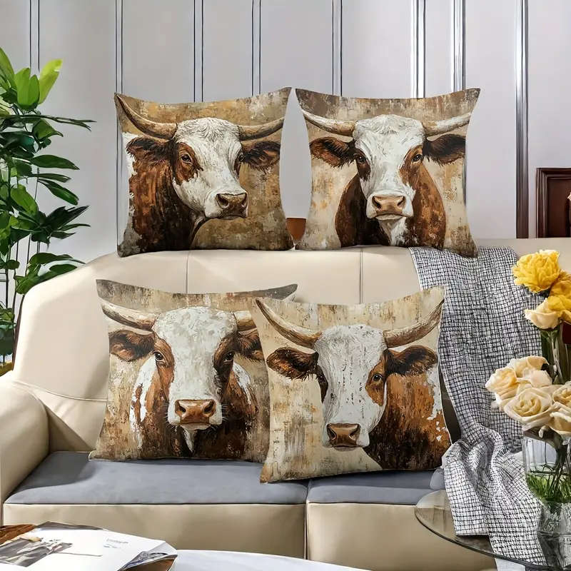 4 Piece Rustic Cow Print Zipper Pillow Covers - Warm & Cozy