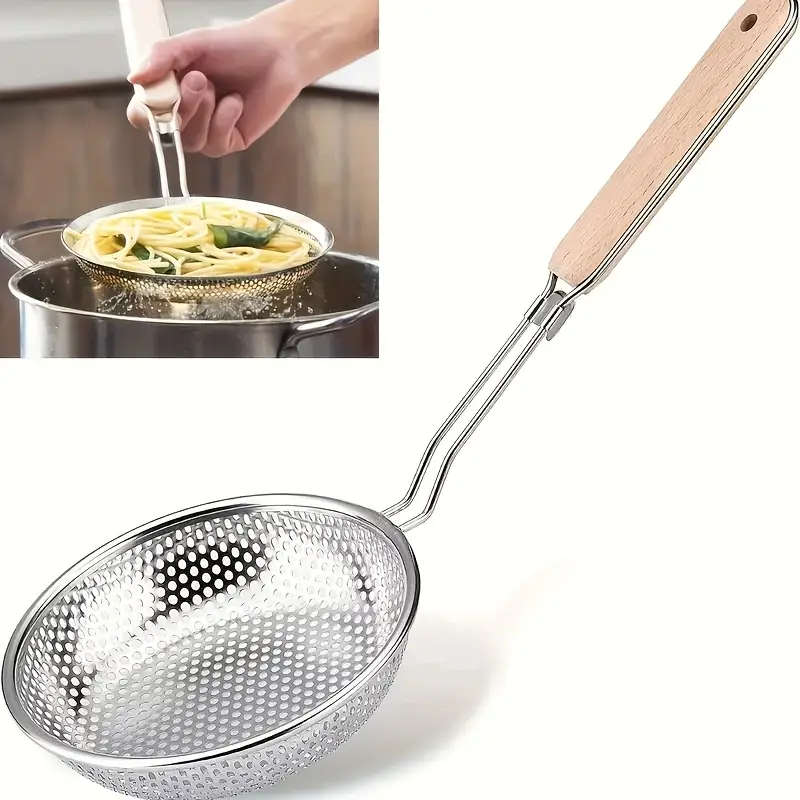 1pc Premium Stainless Steel Colander with Wooden Handle Fine Mesh Skimmer Spoon