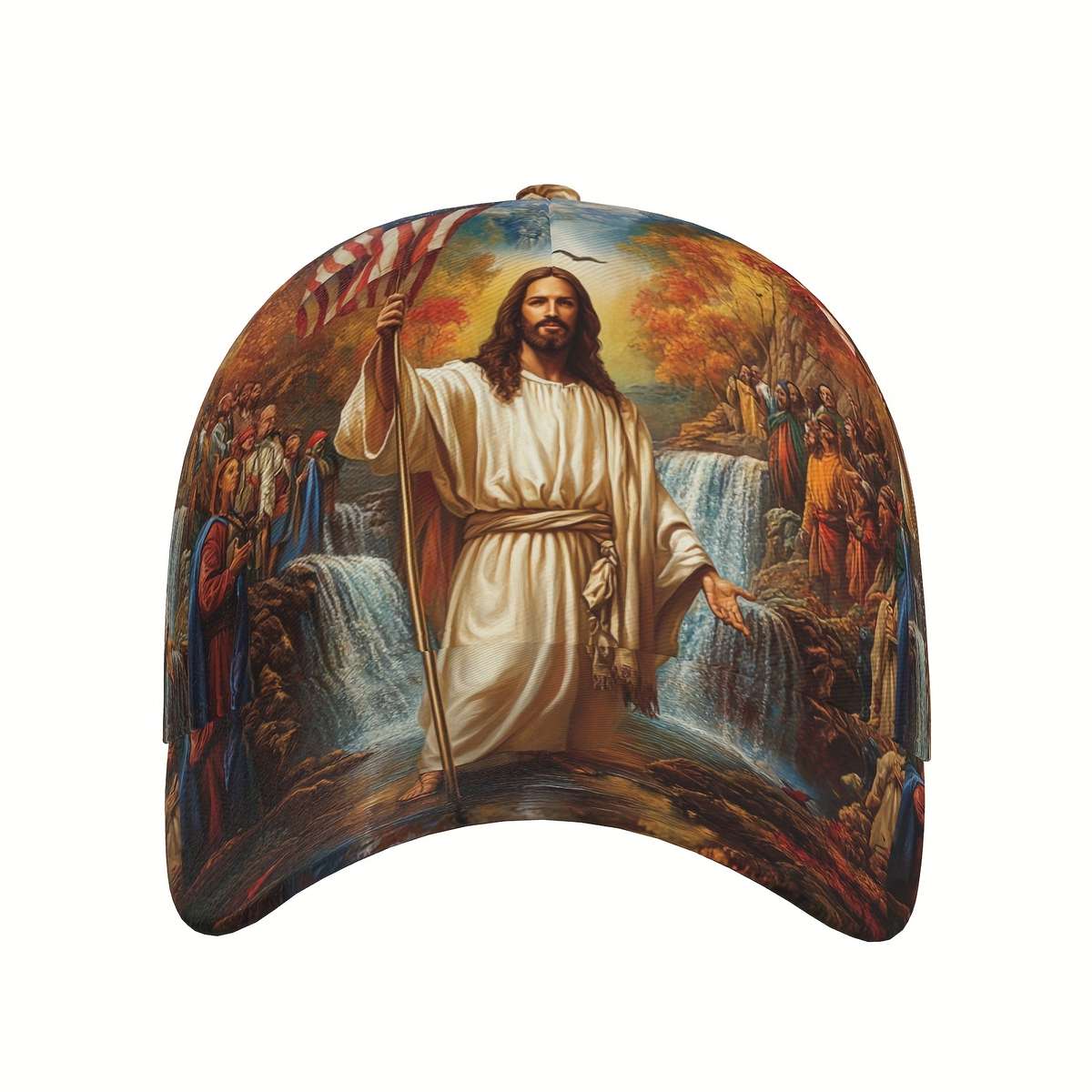 Adjustable Polyester Baseball Cap Jesus and American Flag Print Curved Brim Sports Running H