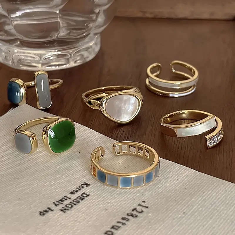 6-Piece Vintage Style Faux Emerald & Enamel Open Ring Set