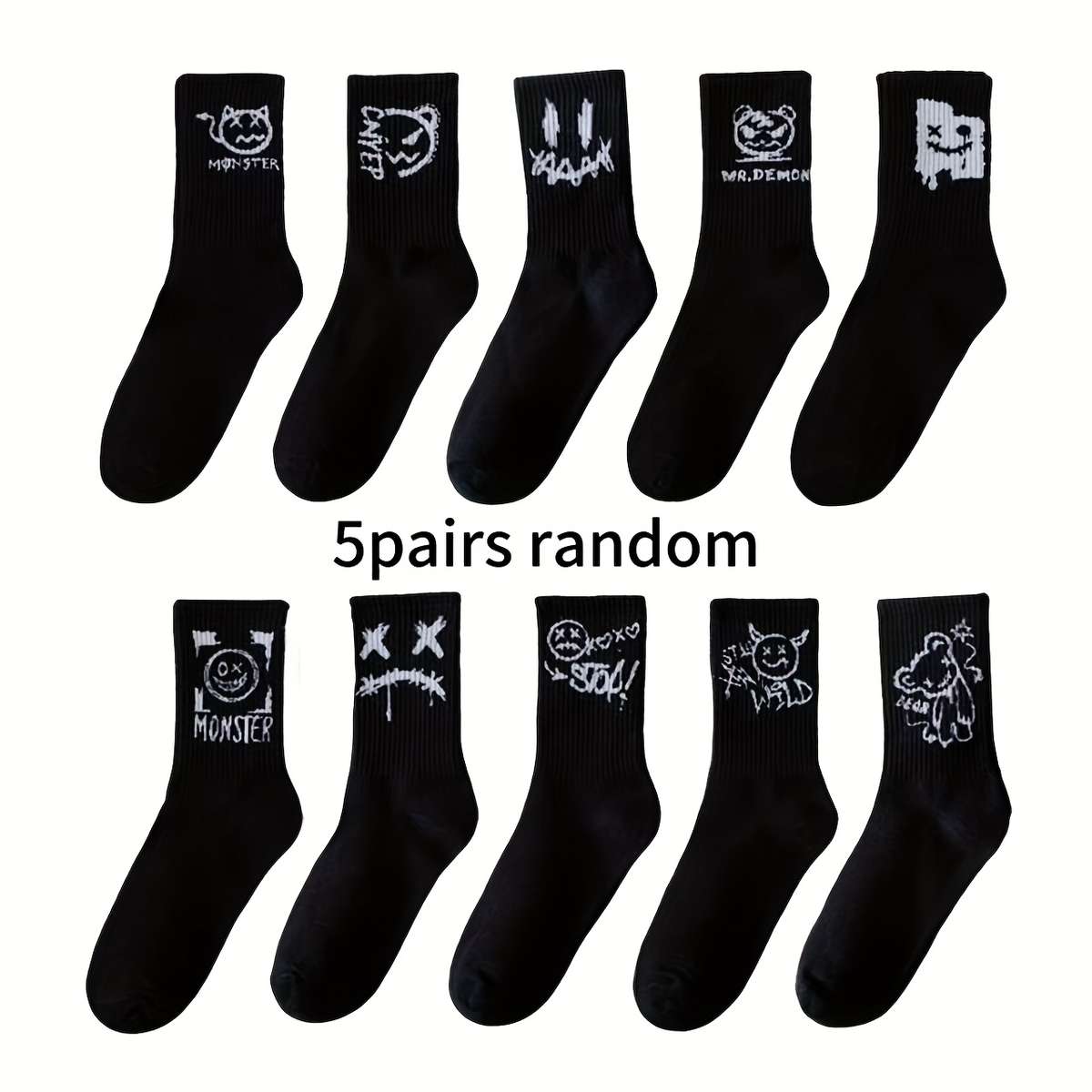 5 Pairs Random Black And White One Size High Elastic Socks