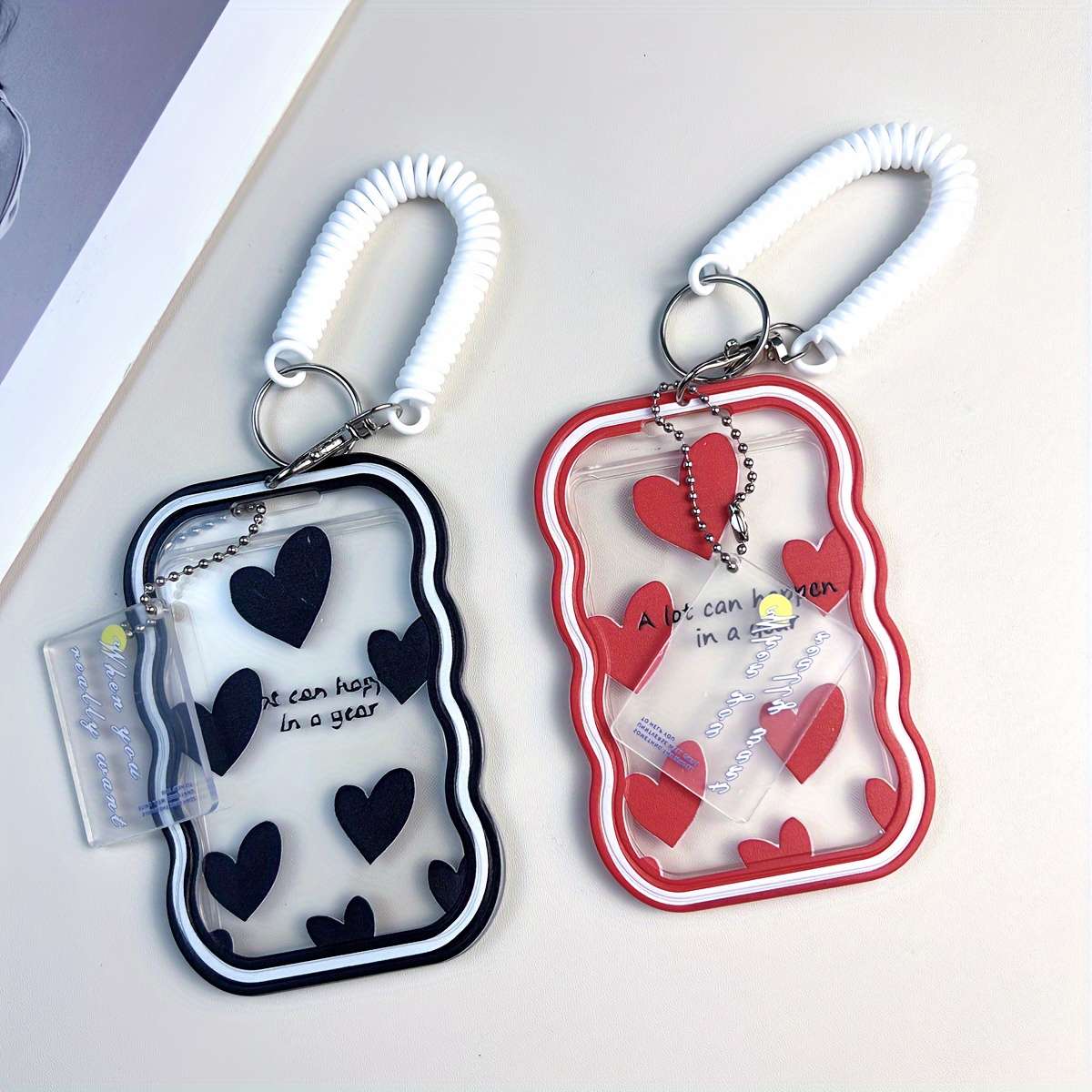1pc TPU ID Card Holder with Love Text Pattern Portable Office Travel Card Case with Spring Lan