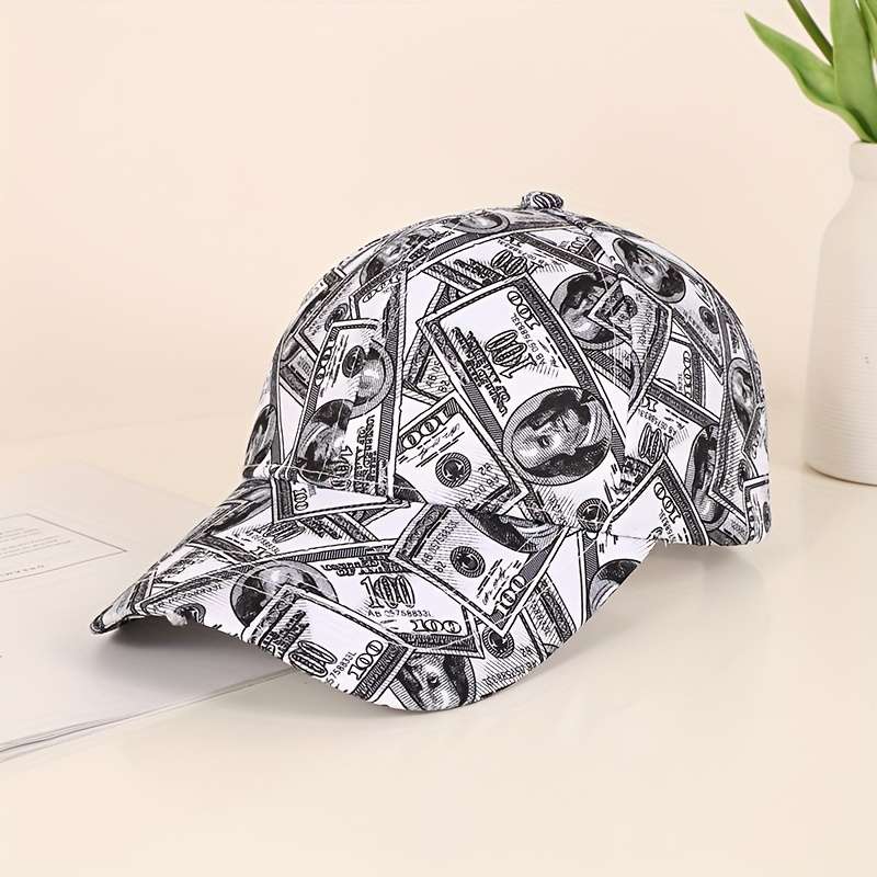 Funky Money Print Baseball Cap 100% Polyester Lightweight Adjustable Hip-Hop Hat Unisex