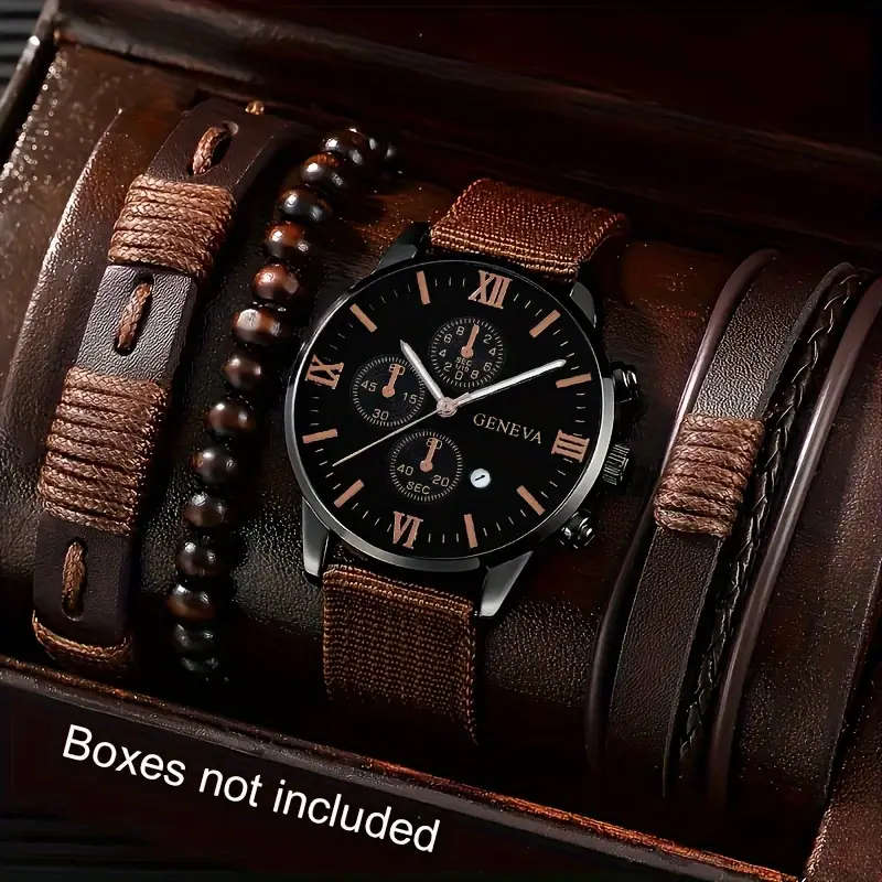 Men's Casual Simple Calendar Watch & Bracelet Set - 4pcs