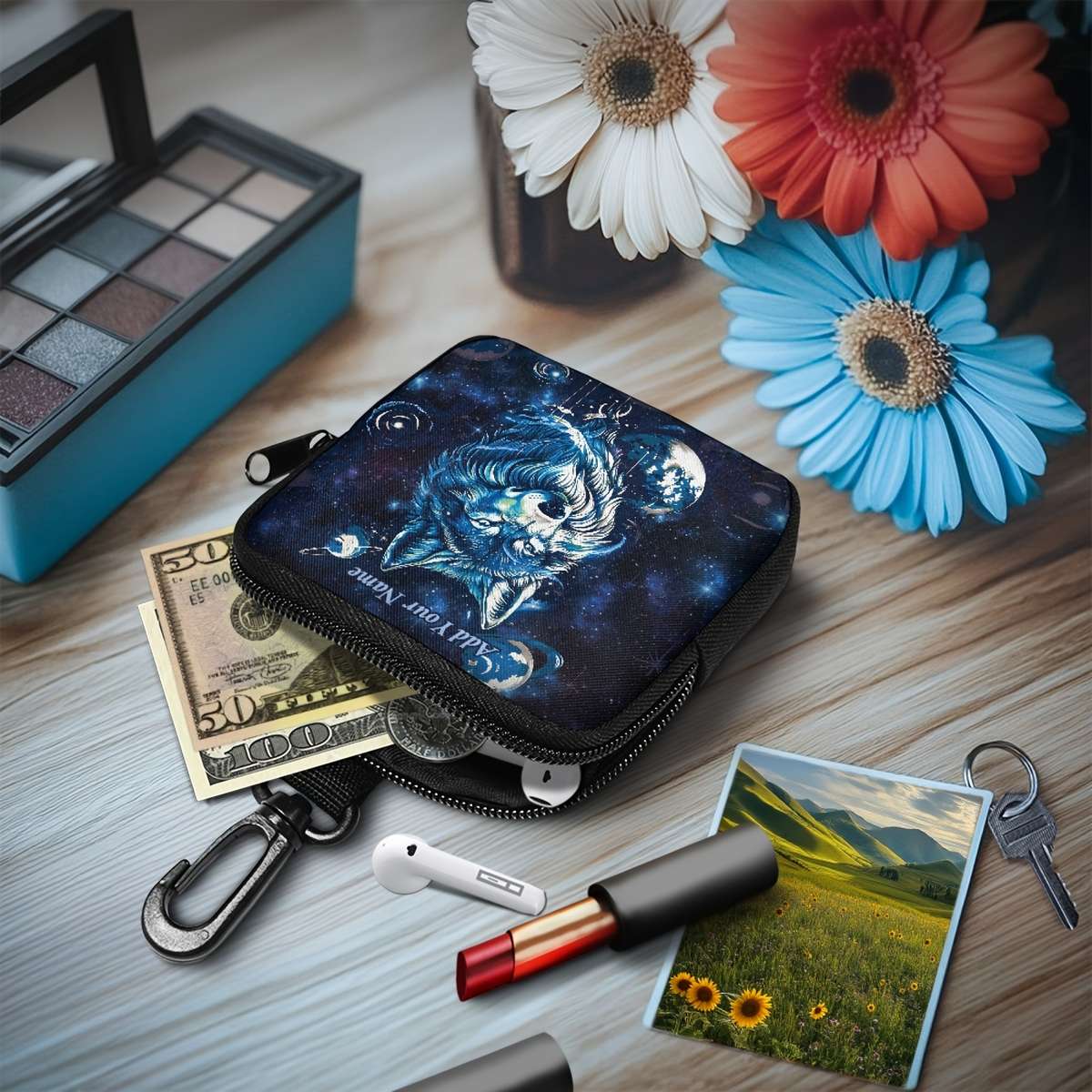 Starry Arctic Wolf Coin Purse Customizable Name Black Polyester Mini Wallet With Keychai