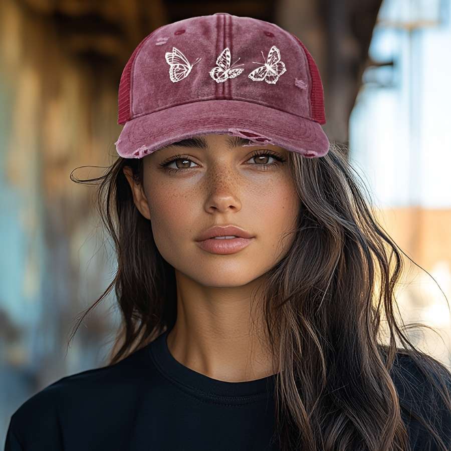 1pc Chic Butterfly Print Baseball Cap for Women Adjustable Lightweight Distressed Look Perfe