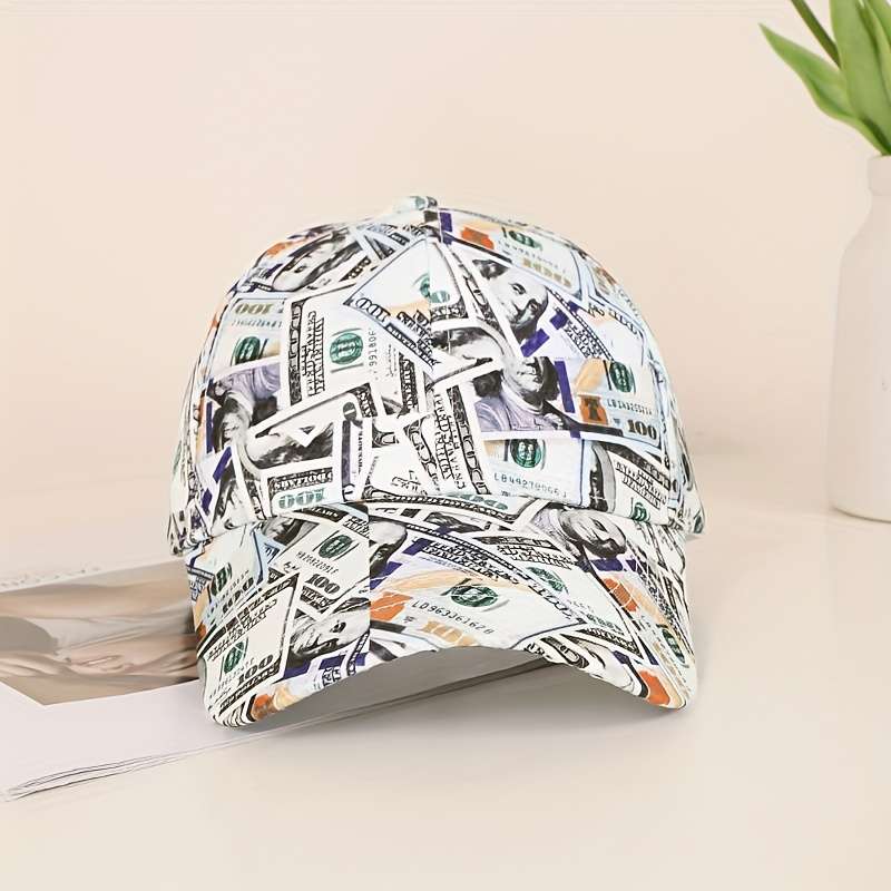 Funky Money Print Baseball Cap 100% Polyester Lightweight Adjustable Hip-Hop Hat Unisex