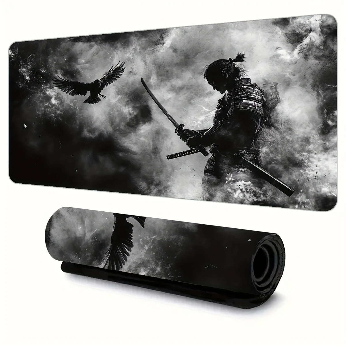 1pc 30x80cm Black and White Samurai Flying Bird Gaming Mouse Pad Durable Odorless Rubber Base
