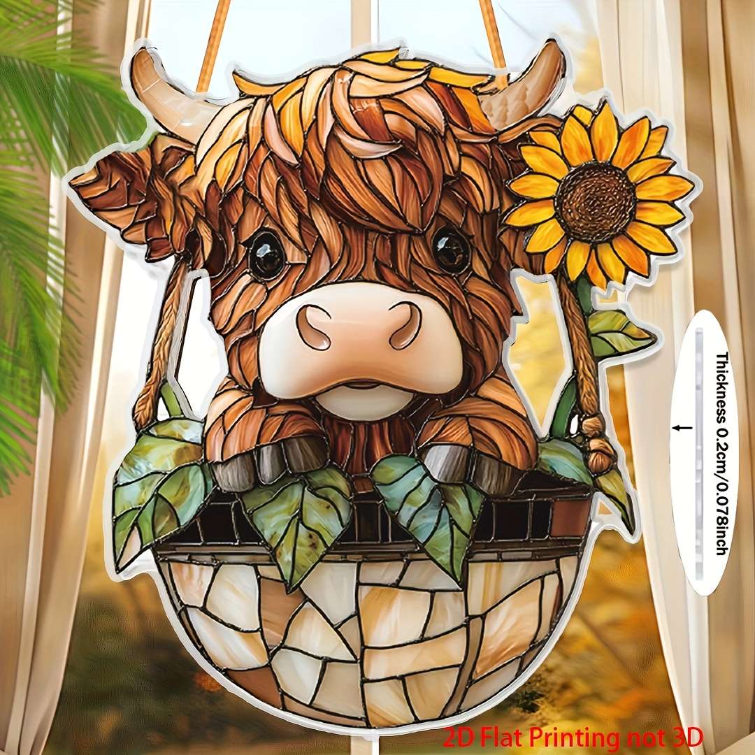 2D Flat Highland Cow Acrylic Wall Pediment Print Farmhouse Window Catchlight 7.1x8 Ind