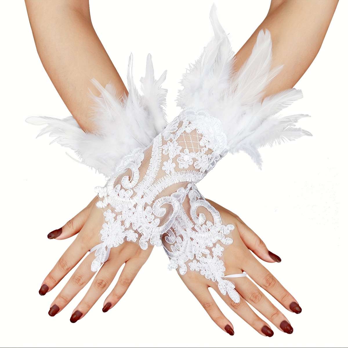 1 Pair Red Lace Faux Feather Gloves