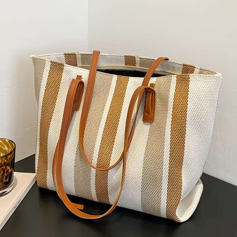 Simple Vertical Stripes Large-Capacity Handbag Brown