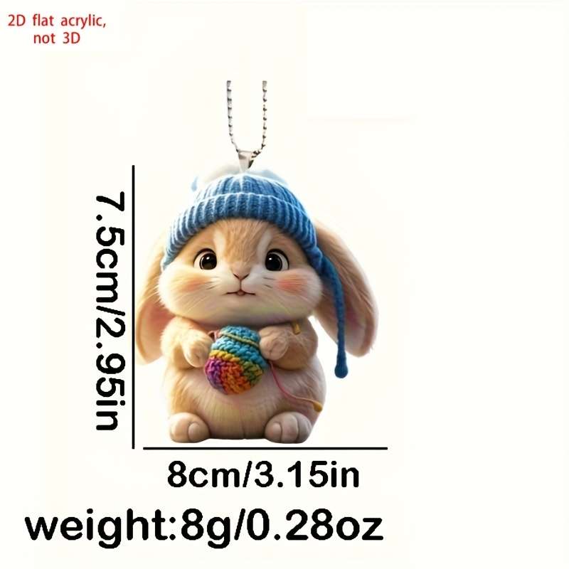 2D Flat Adorable Acrylic Bunny Keychain Design Cute Rabbit with Knit Hat Colorful Yarn