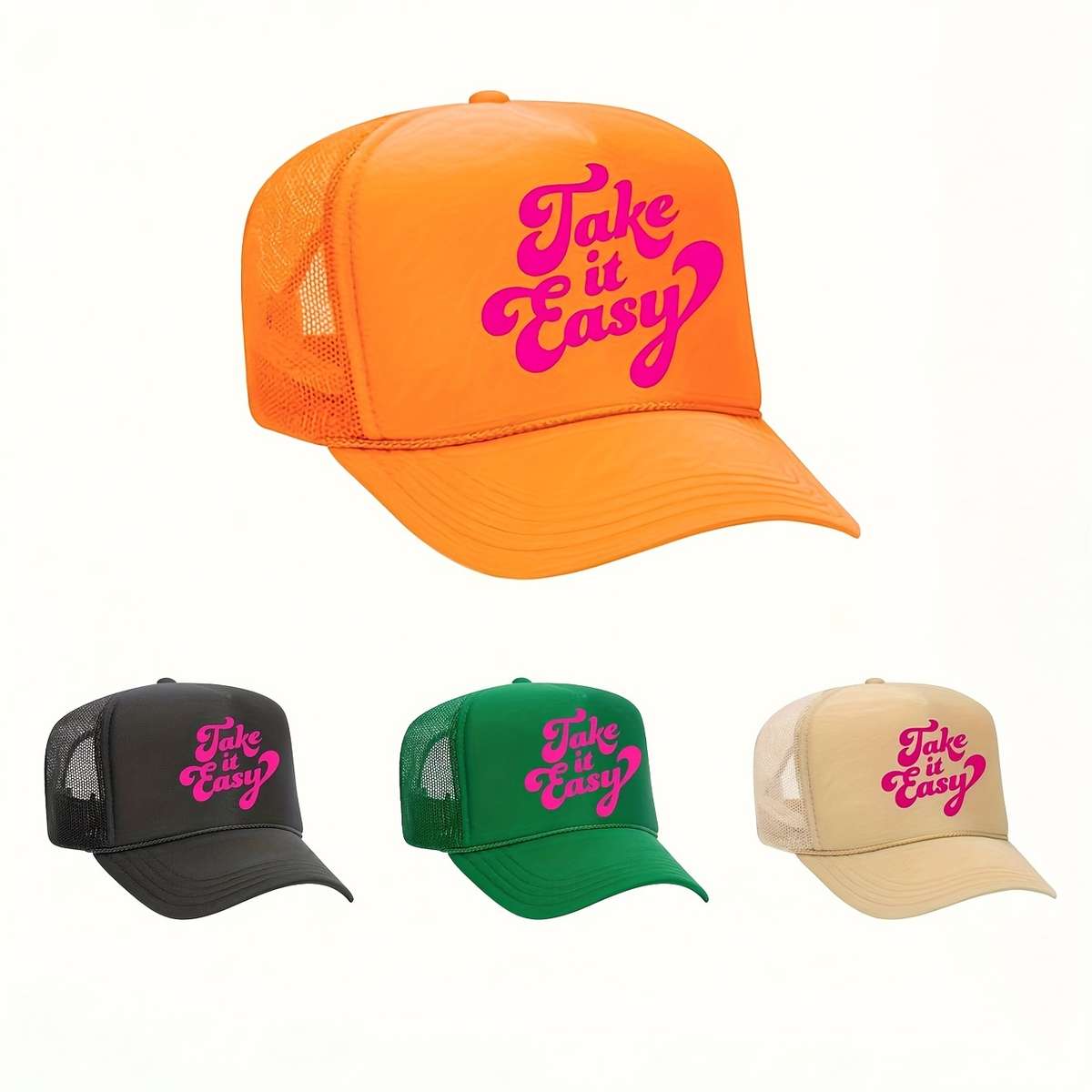 Take It Easy Printed Baseball Cap Breathable Adjustable Trucker Hat With Rope Summer Fashio