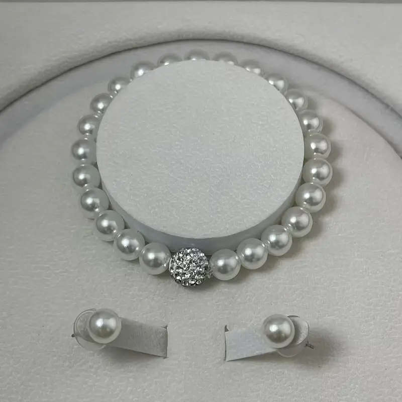 3 Piece White Faux Imitation Pearl Necklace Bracelet Earrings Set Rhinestone Ball