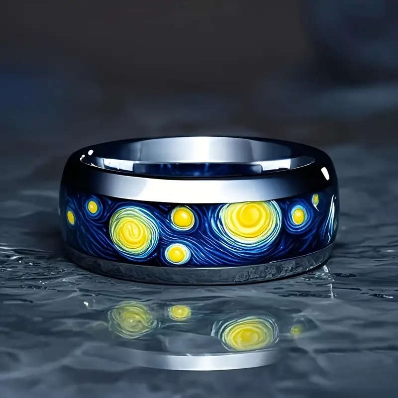 Van Gogh Starry Night Inspired 304 Stainless Steel Ring for Men - 8mm