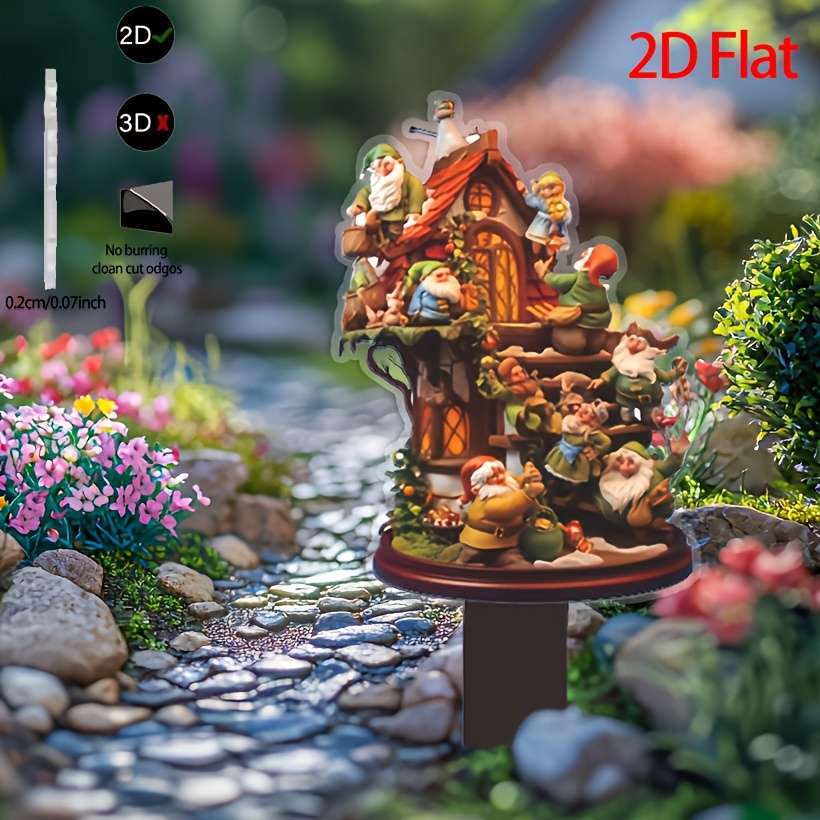 1pc 2D Flat  Pack of 1 Many Gnomes and Houses Art Decor Style Acrylic Garden Stakes Lawn Pot Deco