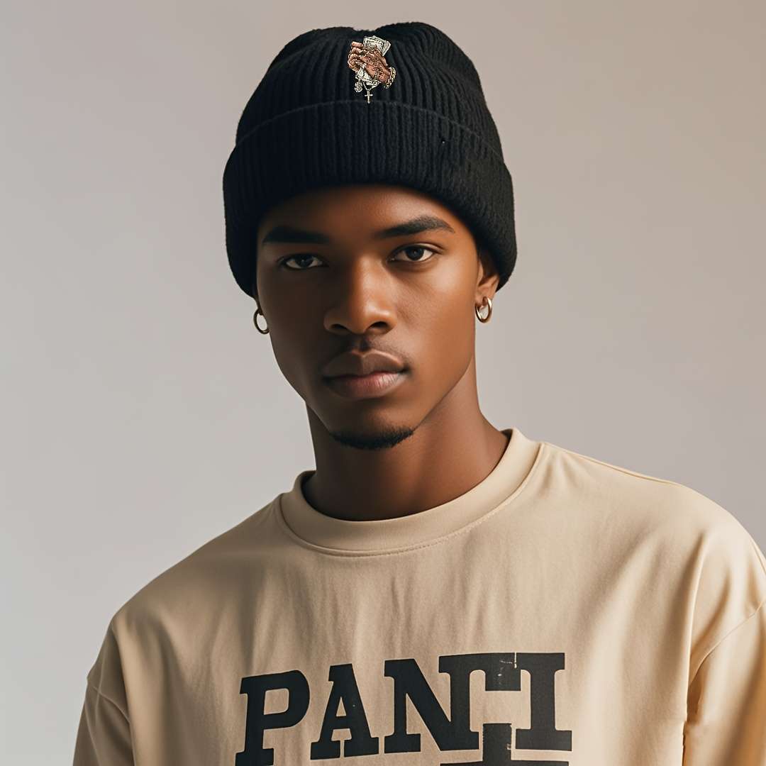 Men'S Hip Hop Style Black Knit Beanie With Cross Pattern Warm Stretchy Machine Washable
