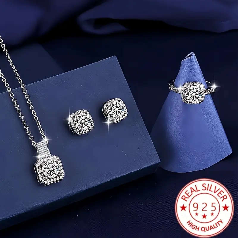 4 Piece Elegant 925 Silver Plated Pendant Necklace, Earrings and Rings Set