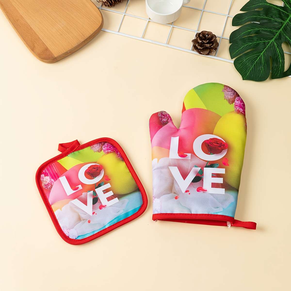2pcs Valentine'S Day Kitchen Oven Gloves Set Polyester 100% Heat Resistant Baking Mitts Digit