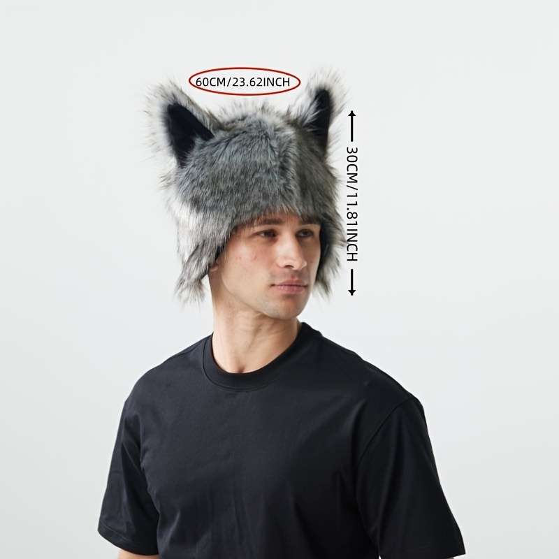 1pc Unisex Wolf Plush Street Style Hat Animal Themed Headwear For Halloween Christmas Party Costu