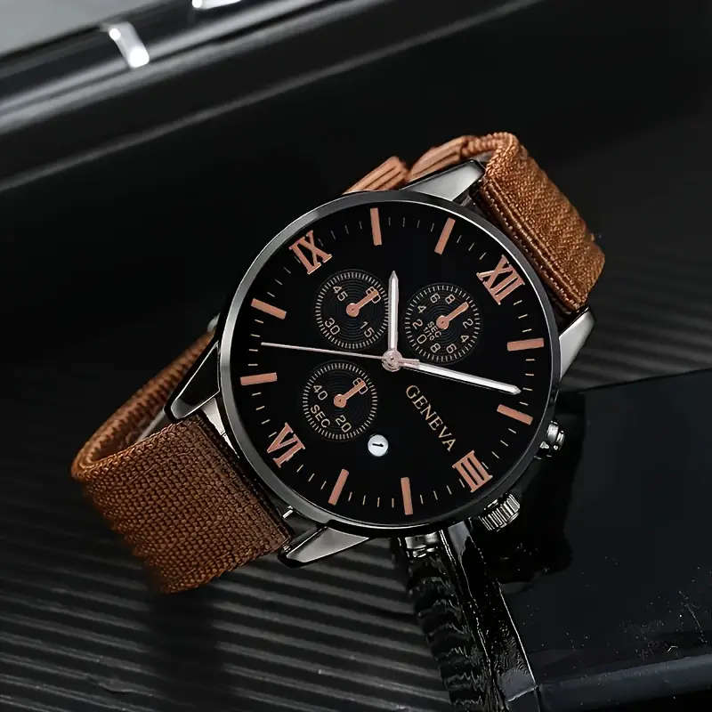 Men's Casual Simple Calendar Watch & Bracelet Set - 4pcs