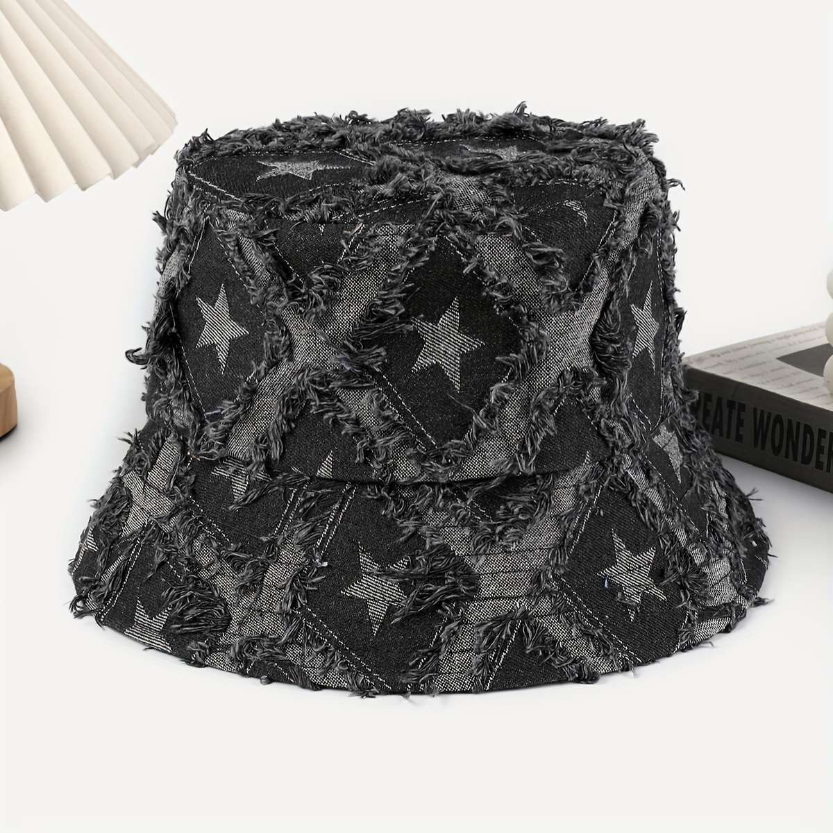 1pc Distressed Star-Patterned Denim Bucket Hat Foldable Sun-Protective Outdoor Cap for Men Wom