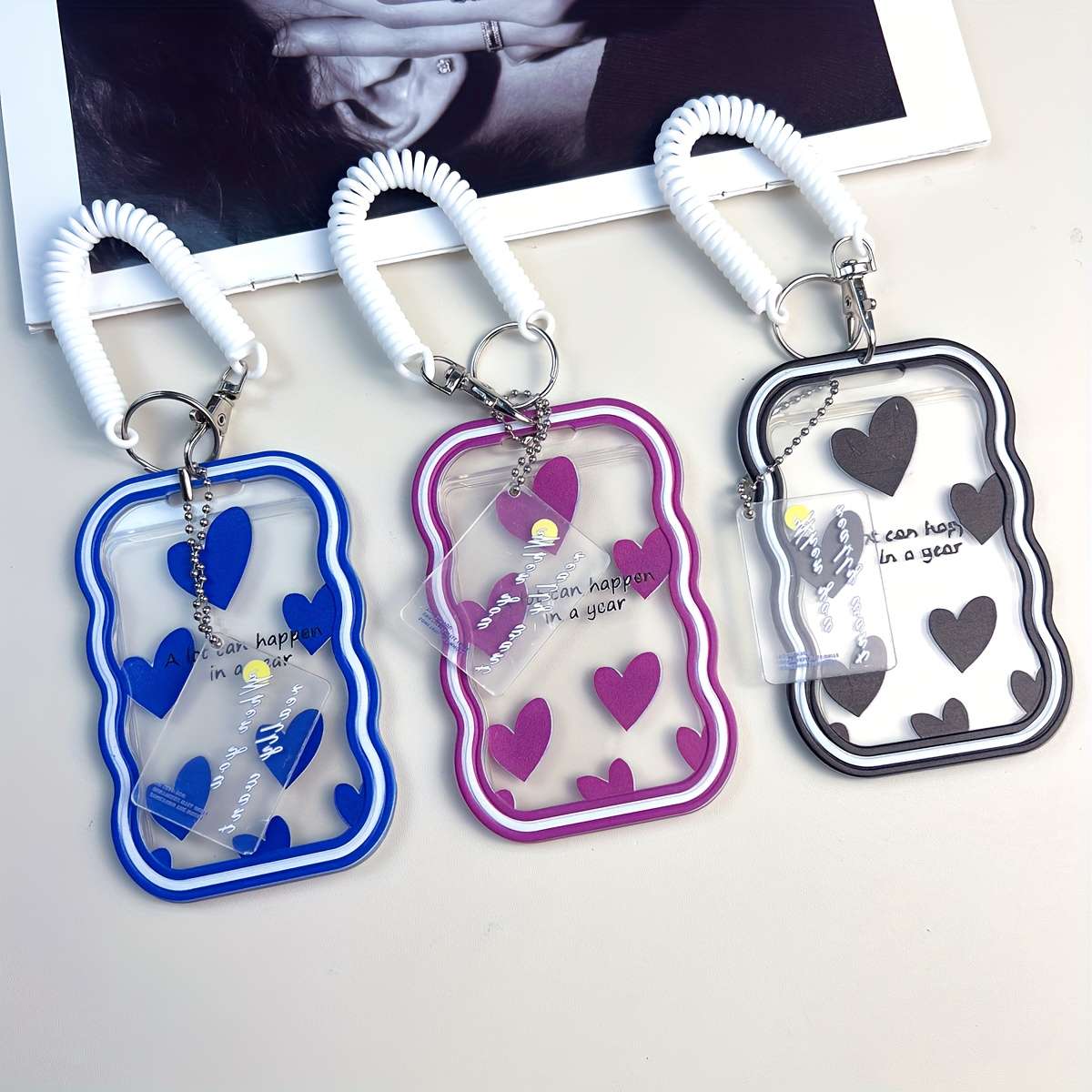 1pc TPU ID Card Holder with Love Text Pattern Portable Office Travel Card Case with Spring Lan