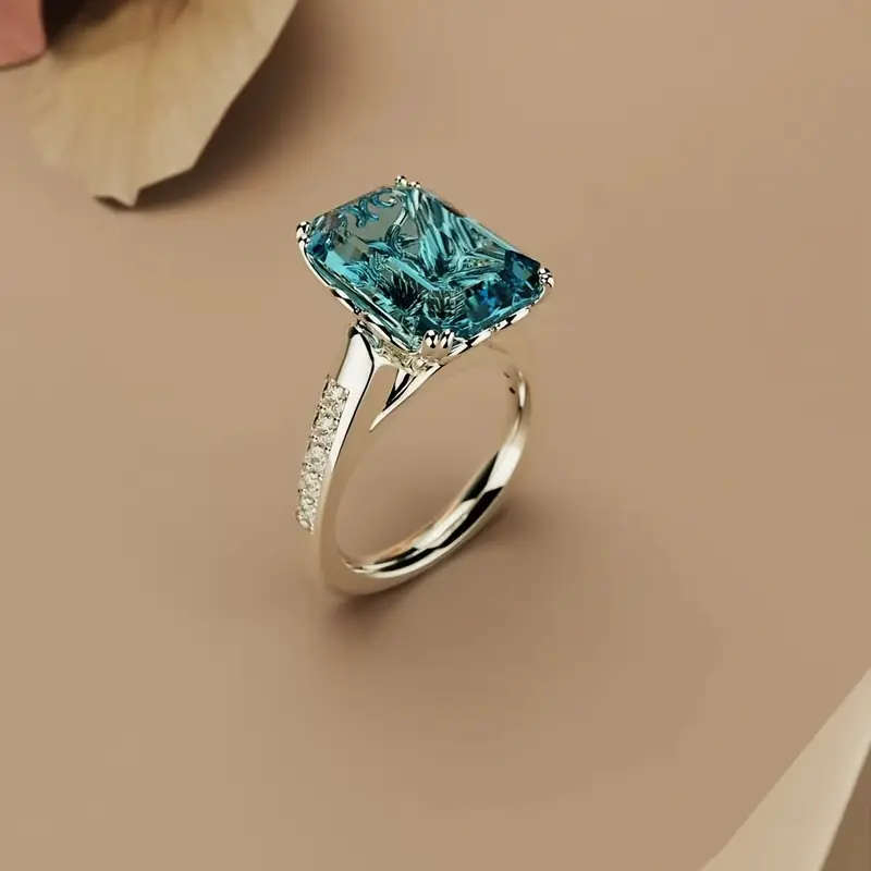 Elegant Green Cubic Zirconia Ring, Fashion Cut Square Shape