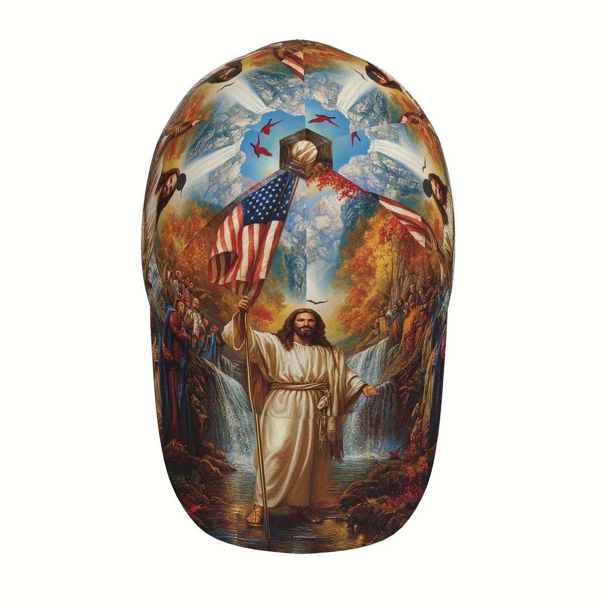 Adjustable Polyester Baseball Cap Jesus and American Flag Print Curved Brim Sports Running H