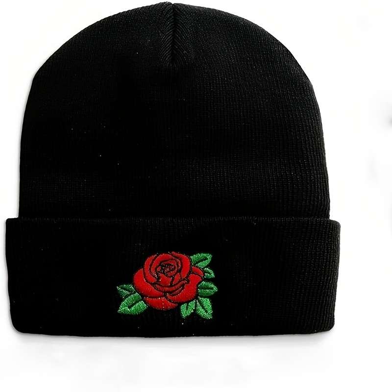 Embroidered Rose Beanie Hat 100% Acrylic Knit Cap with Elasticity Lightweight Winter Headwear
