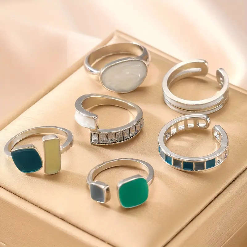 6-Piece Vintage Style Faux Emerald & Enamel Open Ring Set