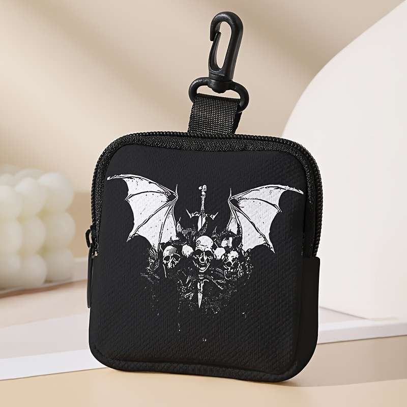 Contemporary Skull And Bat Print Coin Wallet Large Capacity Polyester Zippered Coin Purse
