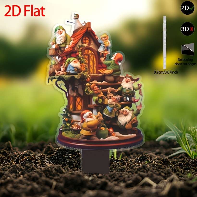 1pc 2D Flat  Pack of 1 Many Gnomes and Houses Art Decor Style Acrylic Garden Stakes Lawn Pot Deco