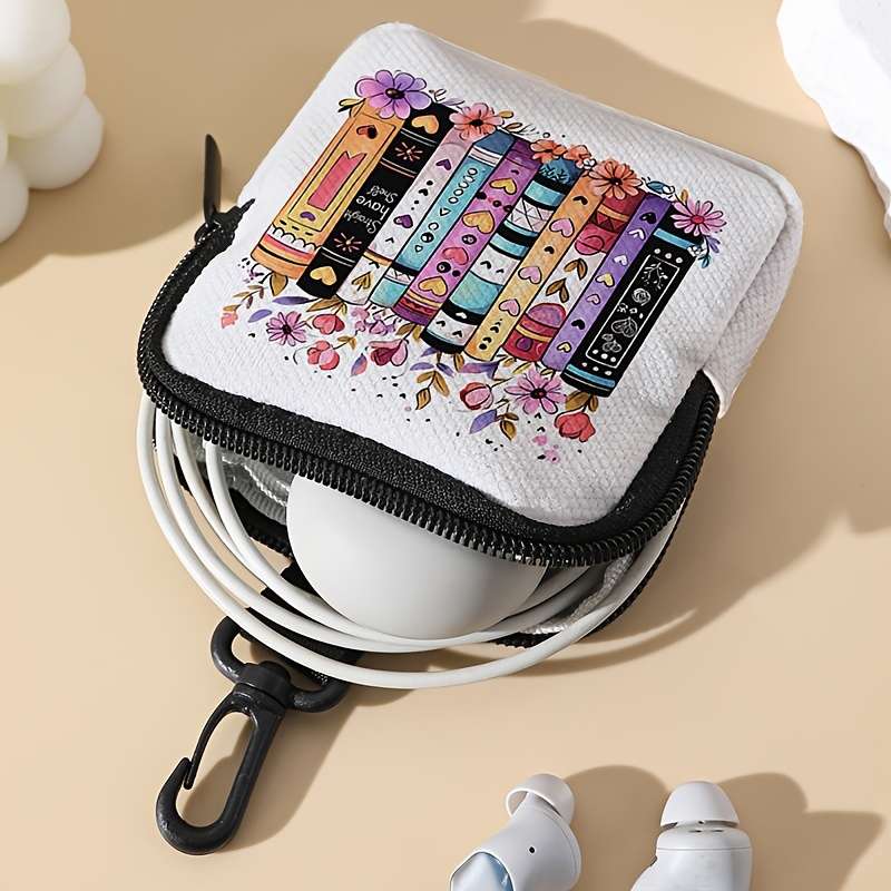 Flower And Book Pattern Printed Coin Purse With Buckle And Zipper Pockets Multifunctional