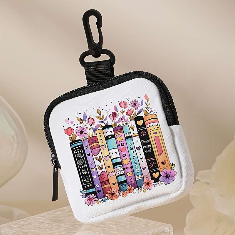 Flower And Book Pattern Printed Coin Purse With Buckle And Zipper Pockets Multifunctional