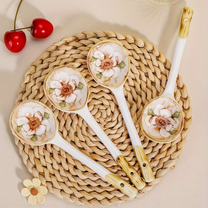 6pcs Elegant Long-Handle Ceramic Coffee Spoons with Floral Design Ideal for Serving Coffee T