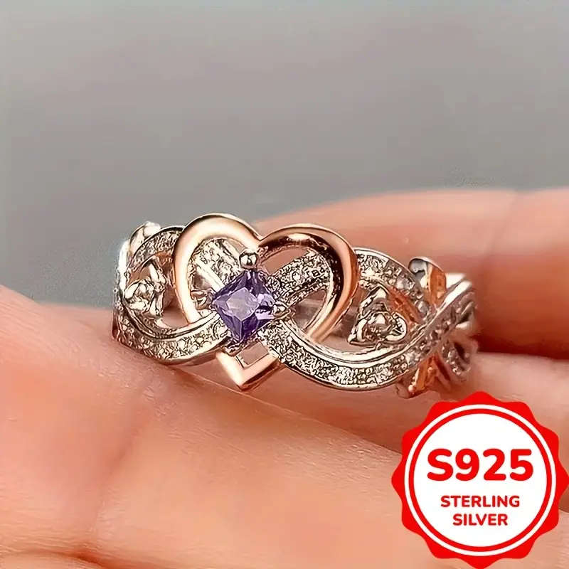925 Sterling Silvery Infinity Heart Ring with Purple Synthetic