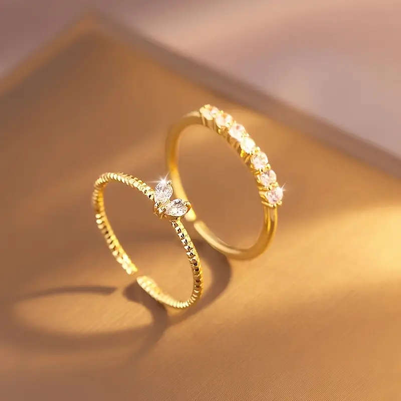 2 Piece - Rhinestone Heart & Twist Design Open Ring Set for Women