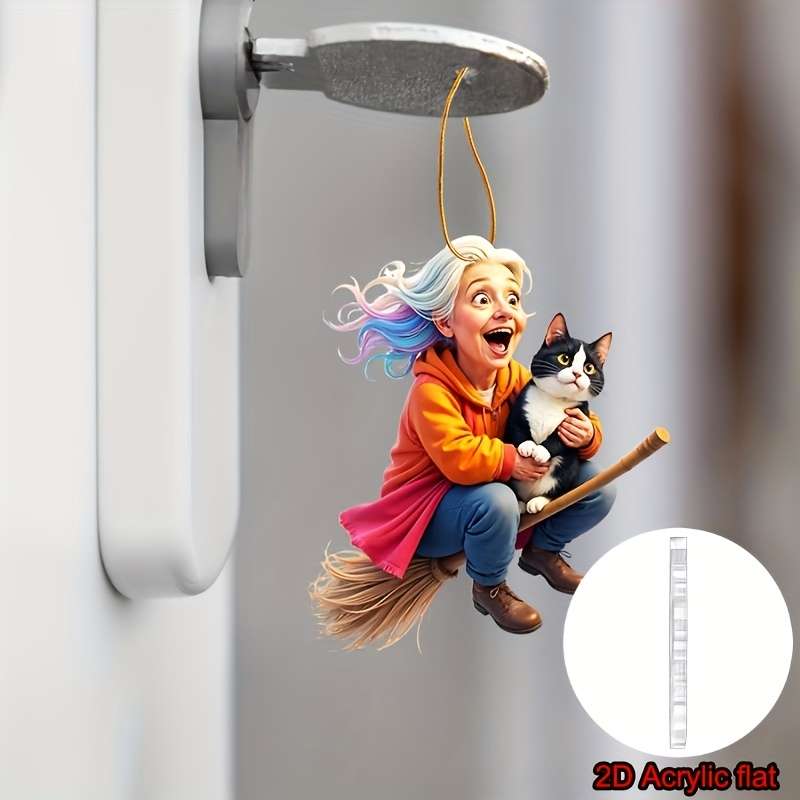 1pc 2D Flat    Whimsical Acrylic Ornament- Grandma on a Broom with a Cat  Perfect for car