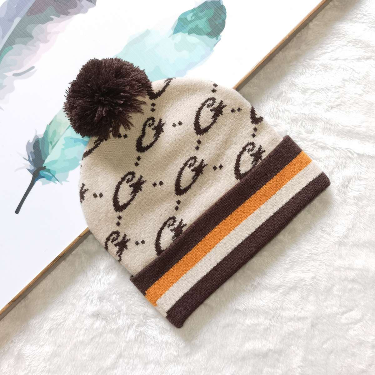 Y2K Polyester Knit Beanie Double-Sided Patterned Striped Turn-Up with Pom-Pom Unisex Fash