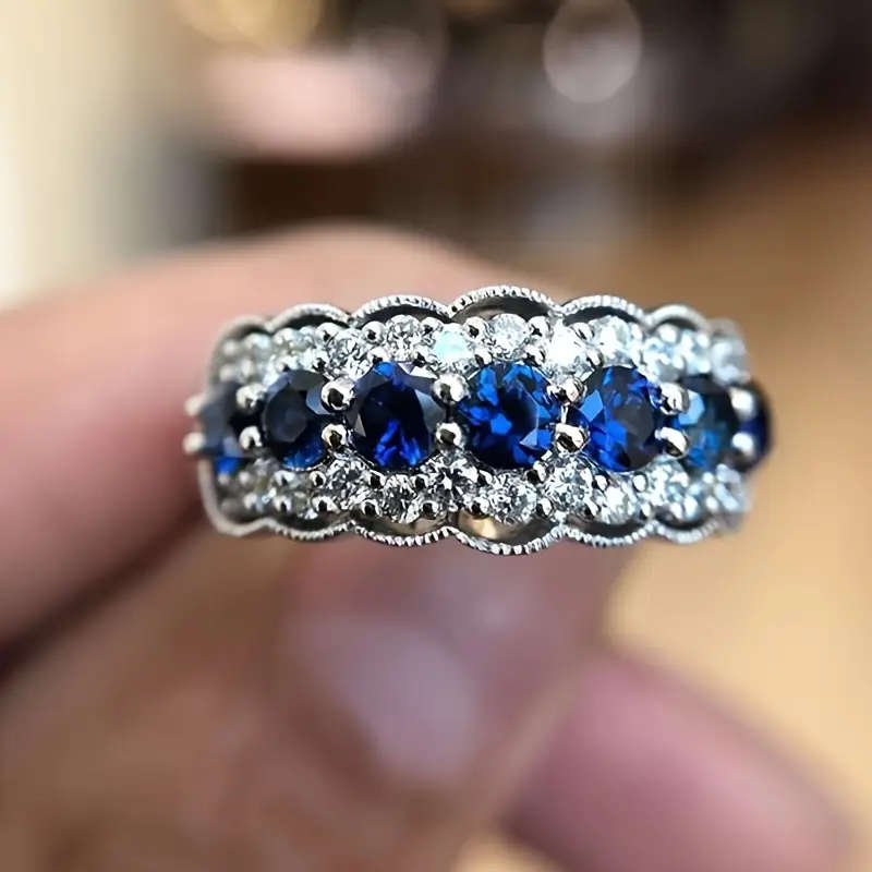 Synthetic Blue Sapphire Ring with Cubic Zirconia