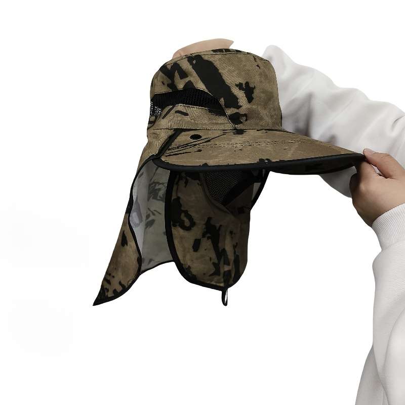 A Men'S Ink Print Full-Face Breathable Sun Hat With Neck Coverage A Removable Bucket Hat Suita