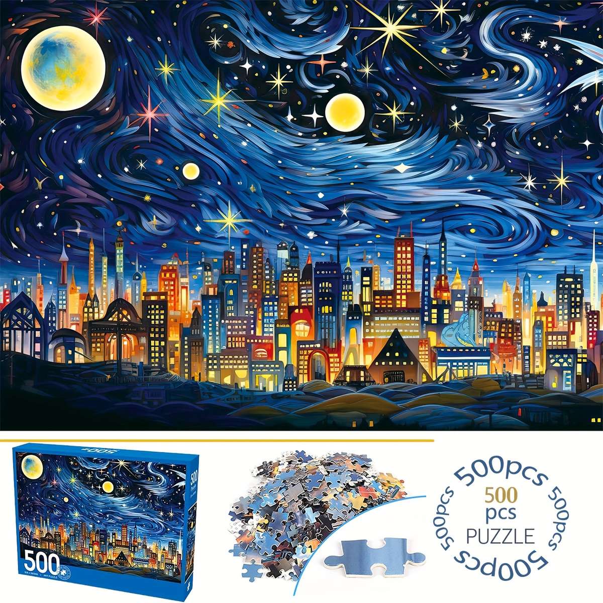 500pcs Starry Night Cityscape Jigsaw Puzzle Velvet Material Thick Durable Seaml