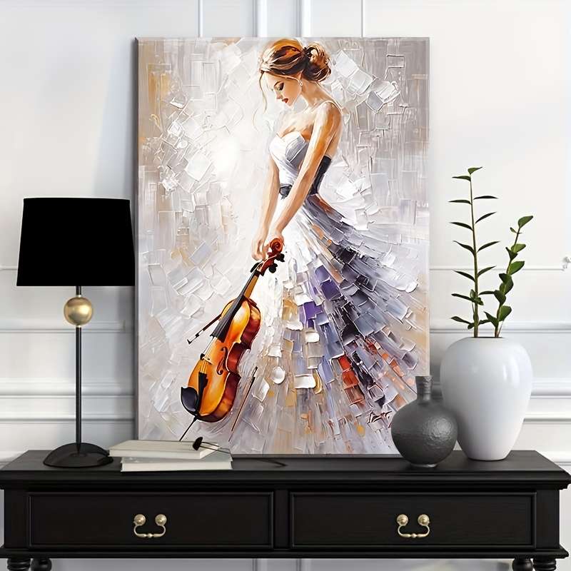 1pc Elegant Violinist Canvas Print Abstract Female Musician Oil Painting Pine Wood Wrapped Frame