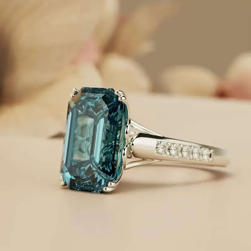 Elegant Green Cubic Zirconia Ring, Fashion Cut Square Shape