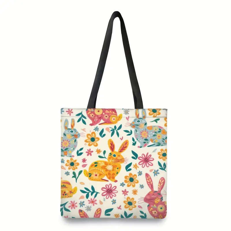 1pc Easter Bunny Decoration Vibrant Florals Canvas Tote Bag Large Women Casual Shoulder Bag Handbag