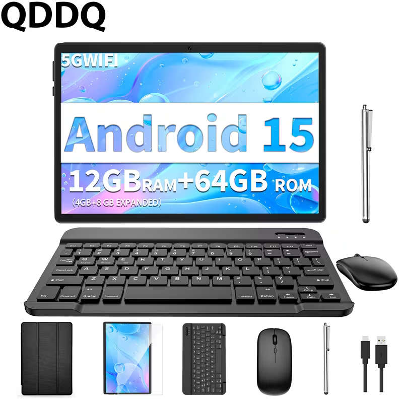 10.1-Inch Android 15 12GB + 64GB Tablet includes Case and Magnetic Wireless Keyboard & Mouse